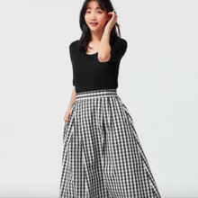 GU Tuck Flare Midi Skirt (Gingham) (Standard Length 81.0-85.0cm)